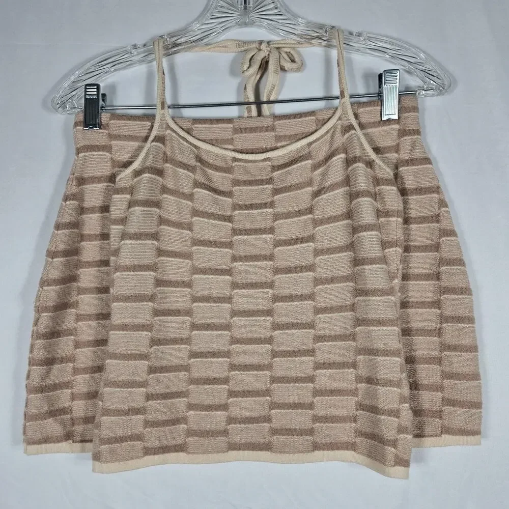 PrettyLittleThing Womens M Knit Halter Top Mini Skirt Set Beige Textured 2 Piece